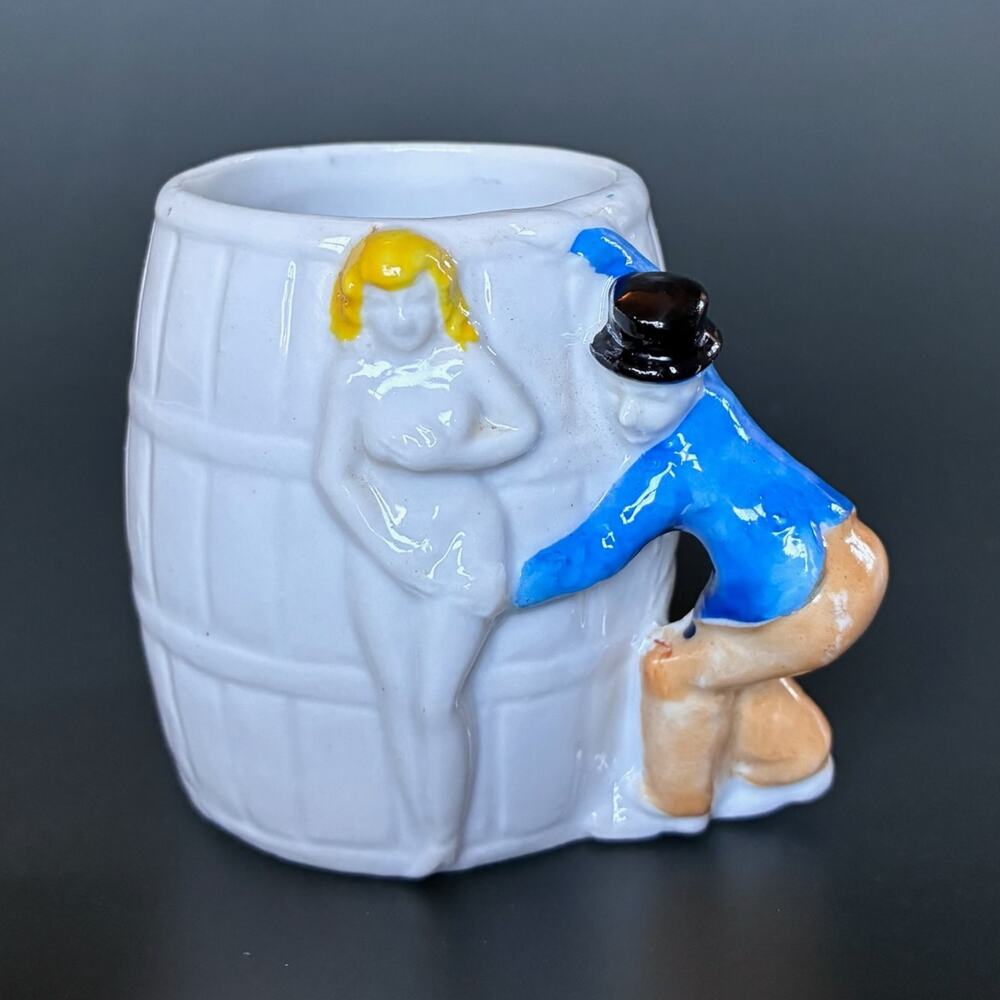 Vintage Made in Japan Risqué Novelty Barrel Mug Figural Man Woman Ceramic